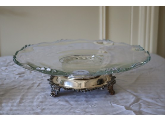 Vintage Rotating Glass Serving Platter Silver Plate CS. (Y-3)