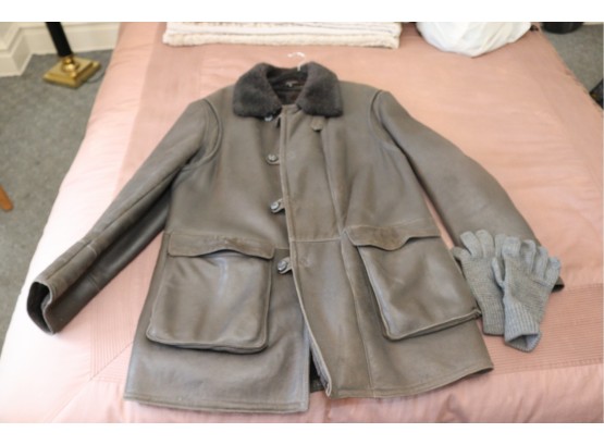 Leather Sherling Jacket Coat Made In Sweden Size L. (M-10)