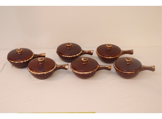 Set Of 6 Stoneware Covered Soup Crocks Bowl Drip Brown Oven Proof Made In The USA
