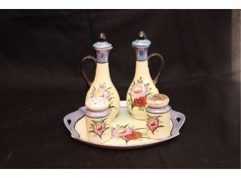 Hand Painted Vintage  Oil/ Vinegar Salt & Papper Shakers On Tray Made In Japan