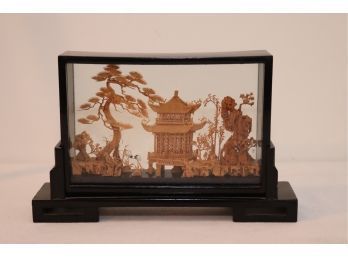 Vintage Chinese Wood Carving Scenic Dioramas In Glass