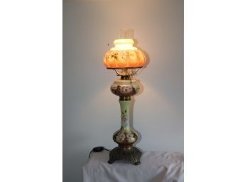 Vintage Table Lamp Painted Flowers Electrified Oil Lamp