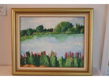 Framed Vintage Painting Of A Lake, Pond Landscape