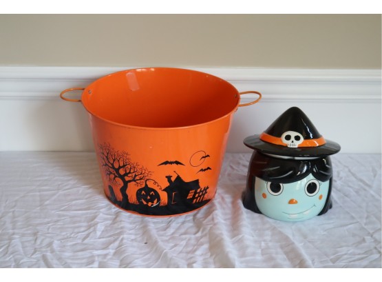 Halloween Candy Bucket & Ceramic Witch