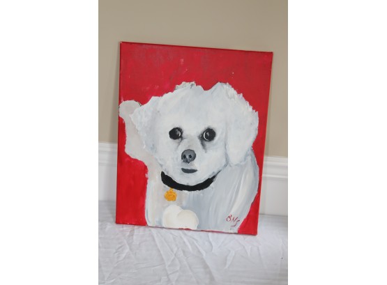 Painting Of White Dog On Unframed Canvas