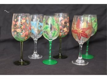 6 Painted Wine Glasses
