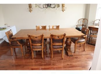 Wooden Dining Room Table And 6 Leather W/ Nailhead Trim Chairs