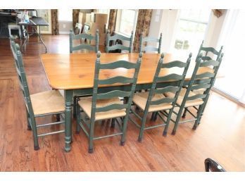 Country Farmhouse Kitchen Table And Ratan Woven Seat 8 Ladder Back Chairs
