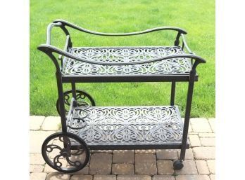 Cast Aluminum Patio Rolling Serving Bar Cart With Removable Tray