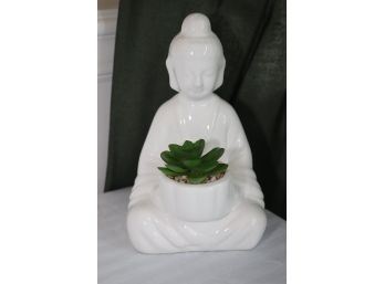 White Ceramic Buddha Planter With Artificial Succulent