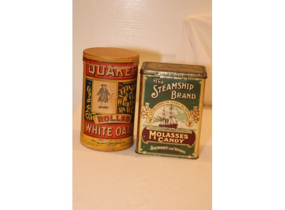 Vintage Quaker Oats Can And Steamship Brand Molasses Candy Tin
