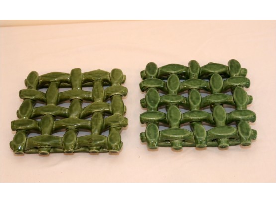Pair Of Vintage Ceramic Trivet Green Lattice By Berardos - Made In Portugal 7x7'