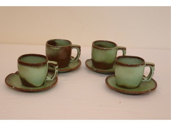 Set Of 4 Frankoma Pottery Coffee Tea Cup 5C And Saucer 5E Set Plainsman Prairie Green
