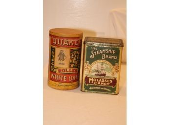 Vintage Quaker Oats Can And Steamship Brand Molasses Candy Tin