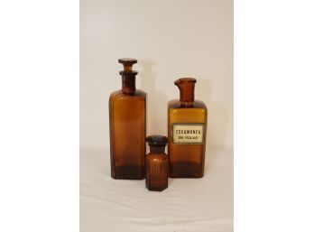 Set Of 3 Vintage Antique Amber Apothecary Jars Bottles Pharmacy Medical