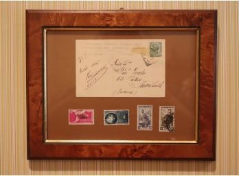 Old Framed Post Card And Stamps