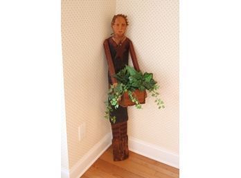 Wooden Person Plant Holder With Star Necklace W/ Faux Ivy