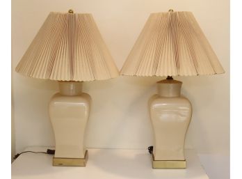 Pair Of Vintage Ceramic And Brass Table Lamps With Shades