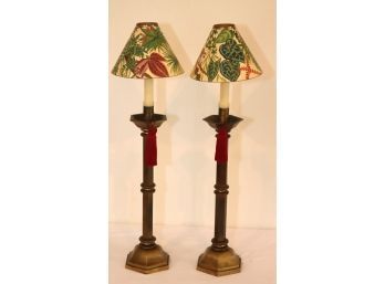 Pair Of 15 In. Tall Brass Candle Sticks With Shades And Followers