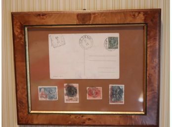 Framed Italian Postcard And Stamps
