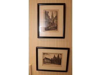 Pair Of Framed Vintage French Etchings Hand  Signed