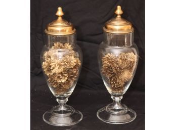 Pair Of Gold Topped Covered Glass Urns With Pinecones