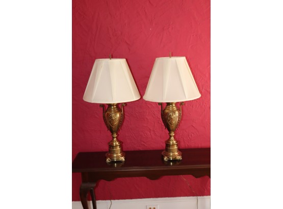 Pair Of Vintage Brass Table Lamps With Shades