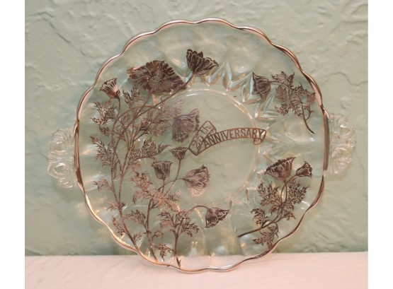 25th Anniversary Pressed Glass Round Platter Sterling On Crystal