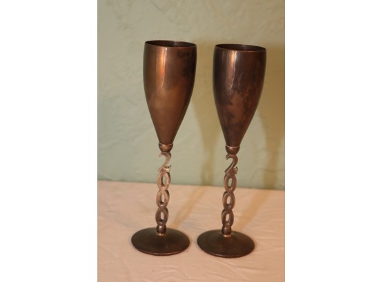 Pair Of Godinger Co. Silver Plated 2000 Millennium Champagne Flutes Glasses