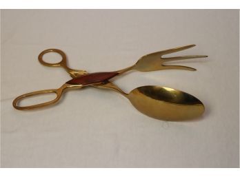 Vintage Brass And Wood Serving Salad Tongs