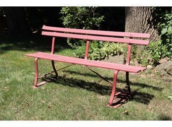 Vintage Red Painted Wood Metal With Wood Slat Park Bench