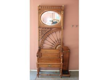Antique American Oak Hall Seat / Hall Tree With Hooks, Mirror, & Storage Bench