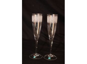 PAIR - Signed Tiffany & Co. Lead Crystal Millennium  2000 Champagne Flutes