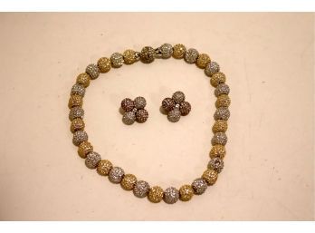 Vintage Gold And Silver Necklace And Clip On Earrings  (J-26)