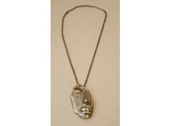 Vintage Mid-century Sterling Silver Necklace With Face Mask Pendant Signed (J-18)