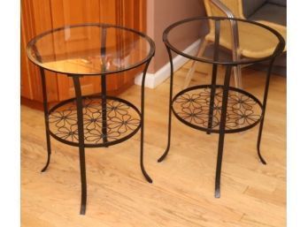 Pair Of Glass Top Metal Flower Base Side Tables