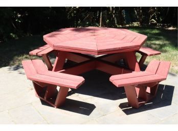 Vintage Wooden Octagon Painted Red Wood Patio Table With Benches
