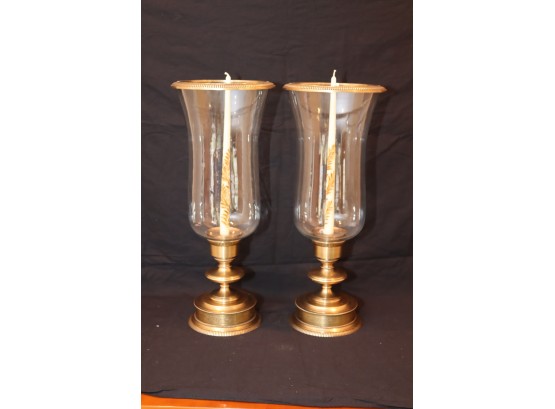 Large Pair Of Brass And Glass Hurricane Candle Holders
