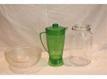 Green Plastic Pitcher Bowl And Glass Storage Container