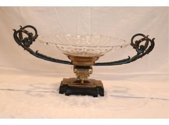 Art Deco Glass Centerpiece Bowl On Brass And Marble Stand (W-11)