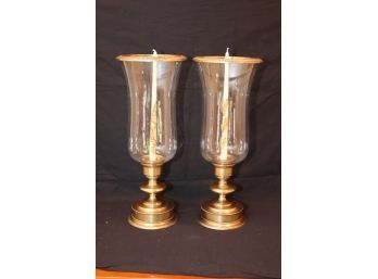 Large Pair Of Brass And Glass Hurricane Candle Holders