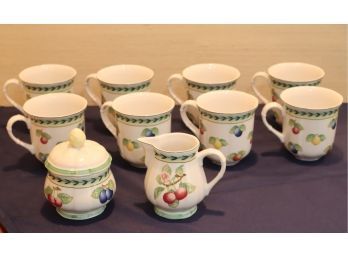 8 Villeroy & Boch French Garden Fleurence Porcelain Coffee Mugs Cups With Creamer & Sugar Bowl