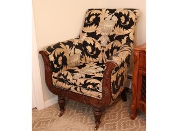 Hickory White Savannah Upholstered Carved Wood Arm Chair. (F-50)