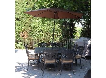 COMPLETE Patio Set Table, 8 Chairs, Umbrella, And Base (F-17)