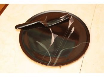 MIKASA Opus Black Cake Set 12' CALLA LILY Design W/ SERVER Cake Knife. (M-46)