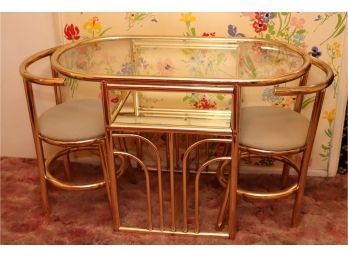 Vintage Small Brass And Glass Table And 2 Chairs
