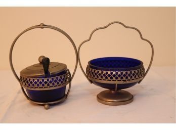 Vintage Silver Plate And Cobalt Blue Glass Servers (S-9)