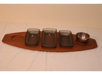 Vintage Mid Century Danish Modern DIGSMED Teak Wood Tray C1964 DENMARK W/ Glass Bowls. (S-32)