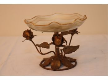 Small Vintage Glass And Brass Server Bowl Dish. (S-11)