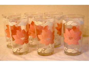 Vintage Set Of 6 Painted Pink Flower Glasses. (P-47)